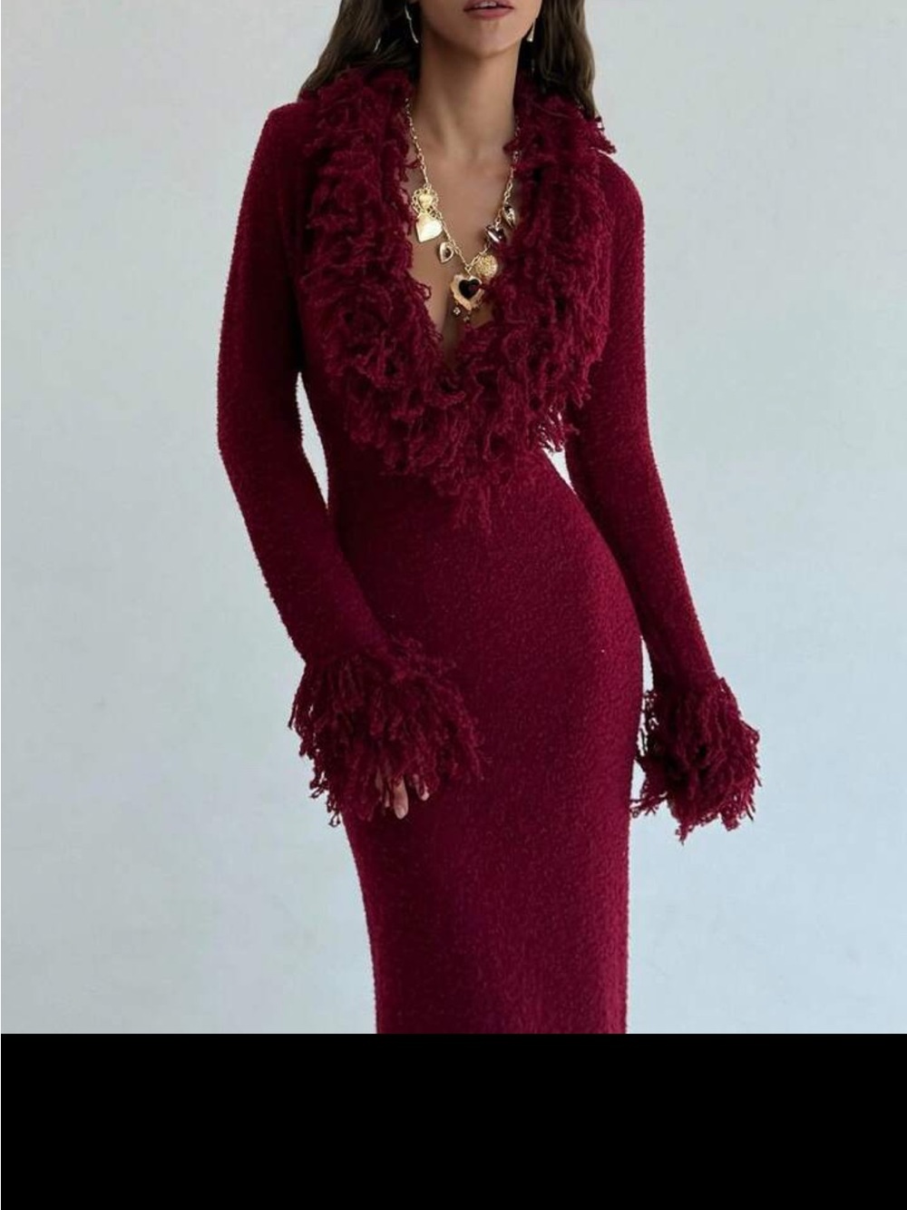 Elegant Burgundy Long-Sleeve Knit Dress with Fringe Trim